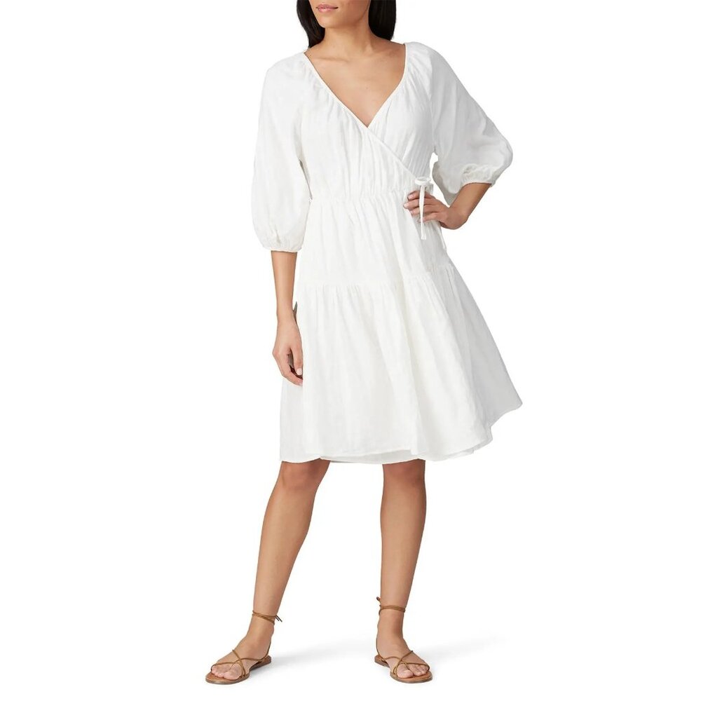 Love Whit by Whitney Port White Gauze Wrap Dress Puff Sleeves‎ Tiered Skirt XS